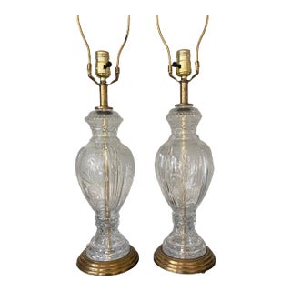 Vintage Cut and Etched Crystal Table Lamps, a Pair For Sale