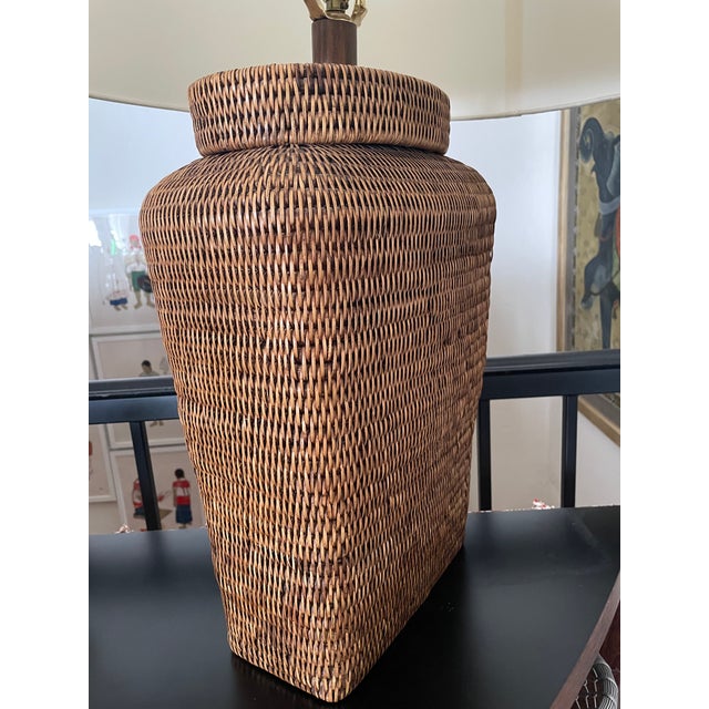 Large Woven Rattan Table Lamp With Silk Shade For Sale In Los Angeles - Image 6 of 11