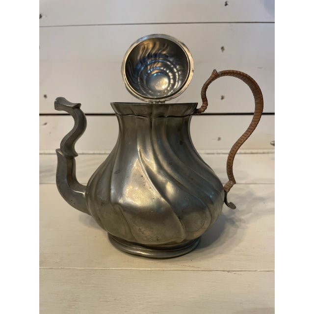 Wood Vintage Pewter Service Set With Rattan Wrapped Handles- 3 Pieces For Sale - Image 7 of 13