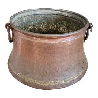 Antique Hand-Hammered Copper Cauldron With Iron Handles For Sale
