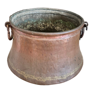 Large Farmhouse Kitchen Vessel - Hand-Hammered Copper Cauldron With Forged Iron Handles - 19th Century