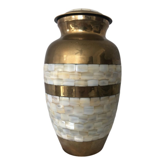 Vintage Handcrafted Brass and Mother of Pearl Inlay Urn For Sale
