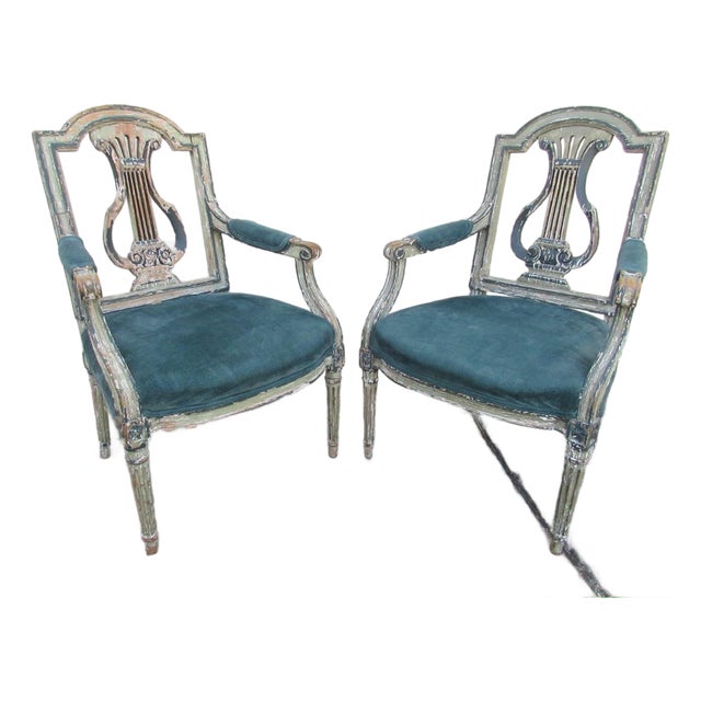 Pair of Antique French Crusty Painted Bergere Armchairs For Sale