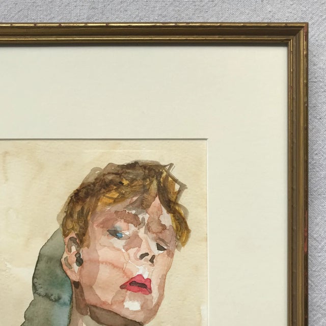 Wood Modern Expressionist Portrait Original Watercolor Painting in Vintage Giltwood Frame For Sale - Image 7 of 11