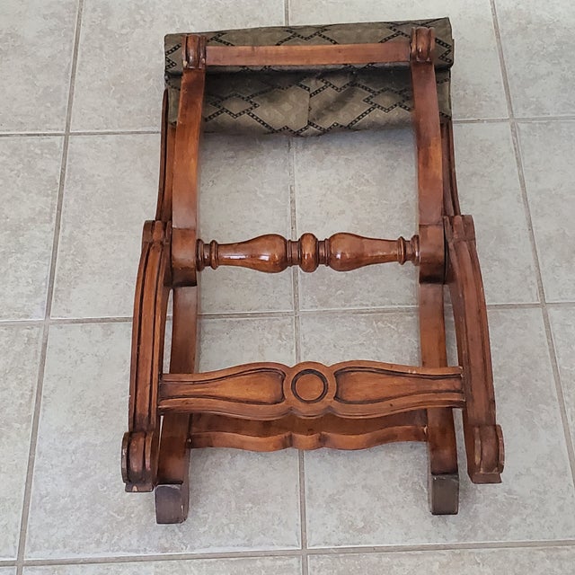 Late 20th Century Curule Style Carved Wood Stool Collapsible X Base Fabric Seat For Sale - Image 9 of 10