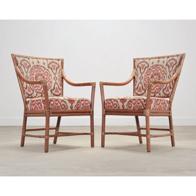 Tan Set of Four McGuire Spindle-Back Rattan Ikat Dining Armchairs For Sale - Image 8 of 18