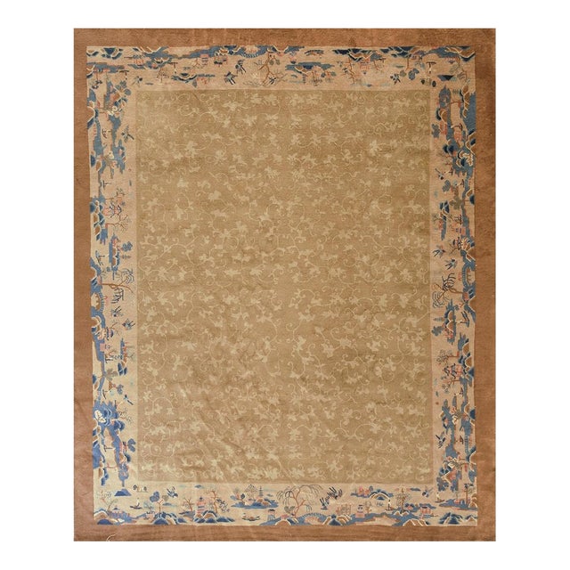 1920s Beige Floral Classic Antique Chinese Peking Carpet 8'x9'10" Woven Wool Rug For Sale