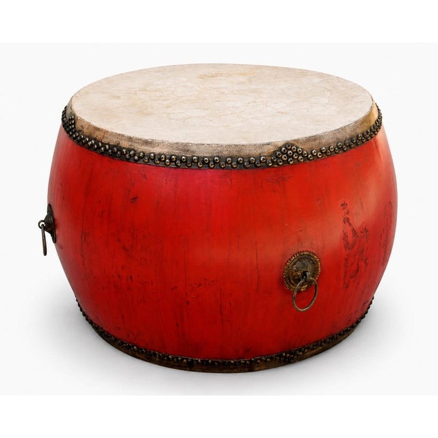 Monumental Antique 48" Chinese Ceremonial Drum Round Table Red Lacquered For Sale - Image 11 of 18