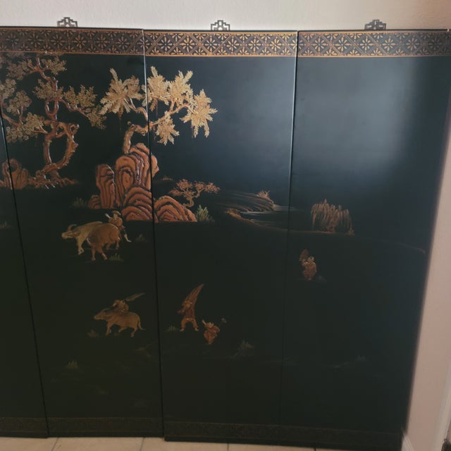 Vintage Chinese Set of 6-Panel Wall Hanging Hand-Painted Landscape With Still Life For Sale - Image 9 of 12