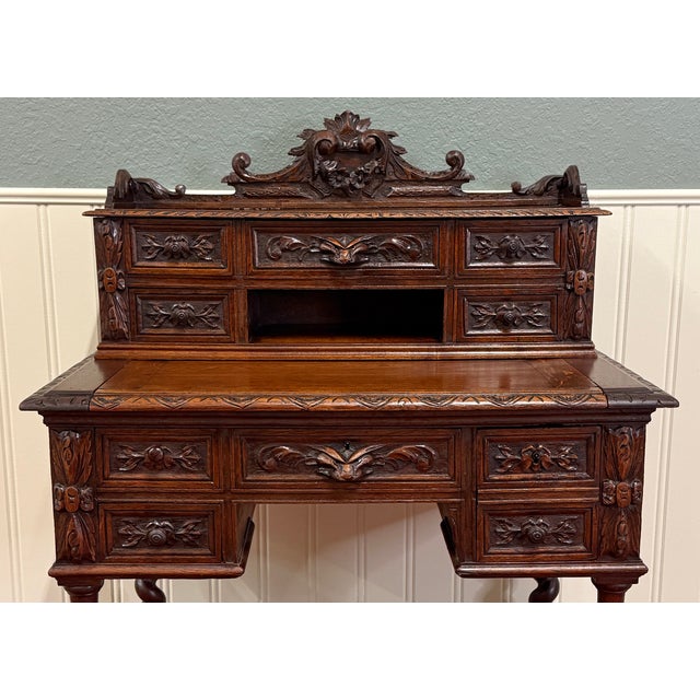 Late 19th Century Antique French Petite Barley Twist Desk Carved Oak Renaissance Revival c.1890 For Sale - Image 5 of 18