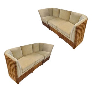 1950s Restored Mid-Century Woven Wicker Sectional Sofas - A Pair For Sale