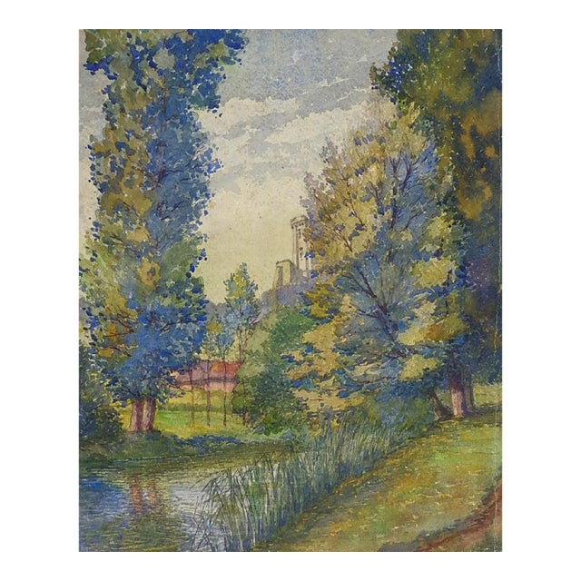 Early 20th Century French Forest Castle Watercolor Painting For Sale