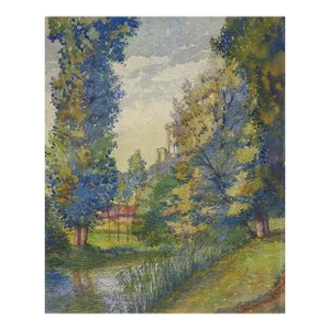 Early 20th Century French Forest Castle Watercolor Painting