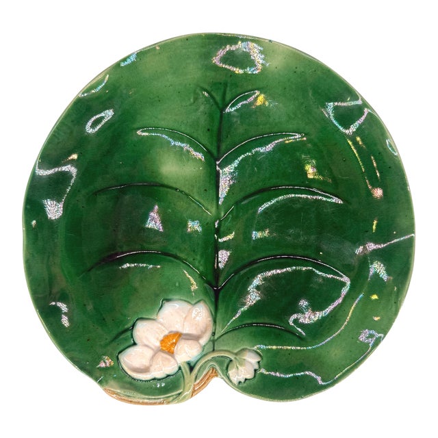 George Jones Majolica Water Lily Plate Glazed in Lush Greens, English, Ca. 1869 For Sale