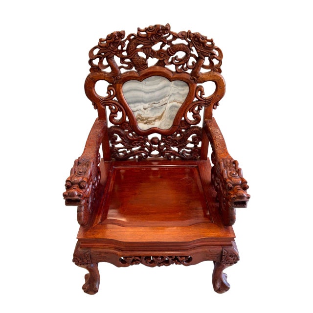 Chinese Antique Chinese Rosewood Dragon Armchair – Peranakan Style Carved Chair With Marble Insert, C. Late 19th or Early 20th Century For Sale - Image 3 of 16