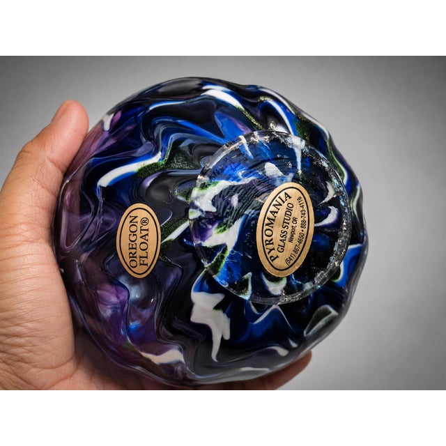 2000 - 2009 Pyromania Oregon Float Hand Blown Art Glass Orb Ball Paperweight Blue Green Purple Studio Glass Sculpture Coastal Decor Gift 4.5" For Sale - Image 5 of 9