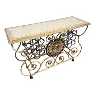 Vintage Wrought Iron Console Table With Tessellated Stone Top and Wine Rack For Sale