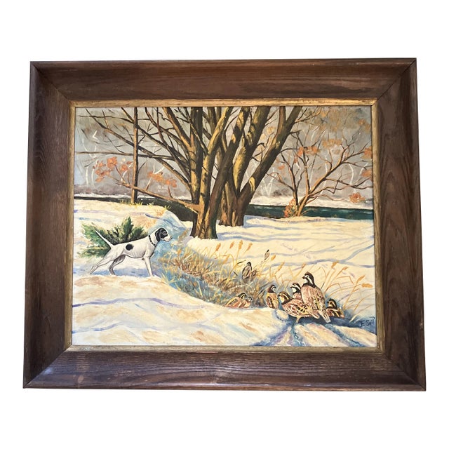 1950’s Original Pointer Dog With Birds Winter Landscape Original Wood Frame For Sale