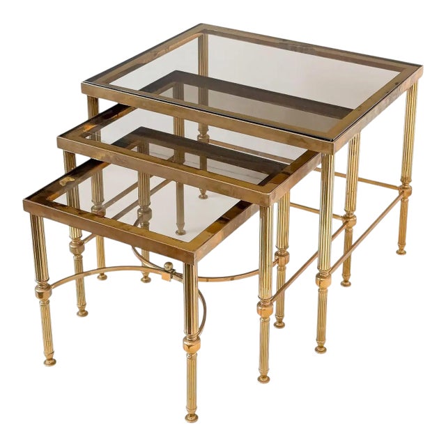 French Nesting Tables of Brass With Smoked Glass For Sale
