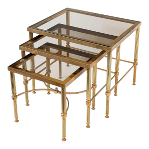 French Nesting Tables of Brass With Smoked Glass