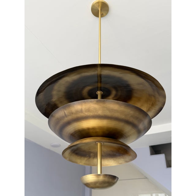 Handmade Solid Brass Tiered Chandelier: Modern Sculptural Pendant Light Fixture For Sale - Image 6 of 15