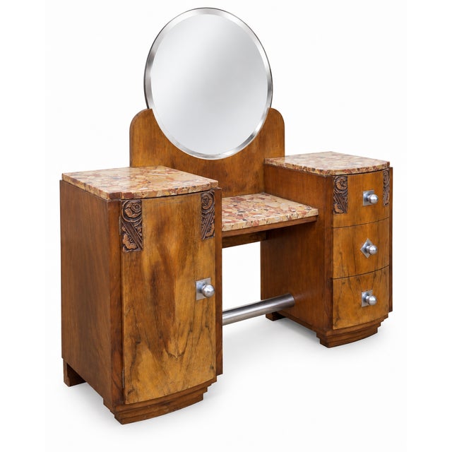 Art Deco Walnut Dressing Table Set with Marble Top and Bedside Table, 1930s, Set of 2 For Sale - Image 4 of 15