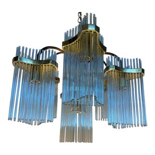 1970s Gateano Sciolari Glass Rod Brass Chandelier 7 Tier For Sale