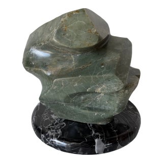 1980’s Vintage Carved Green Marble Abstract Sculpture on Black Marble Base, Unsigned For Sale