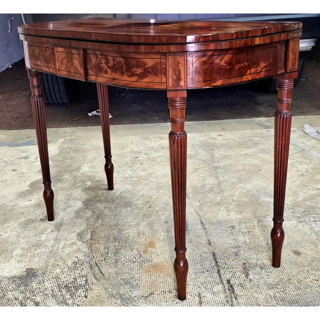 Traditional 19th Century Regency Ebony Inlaid Cross-Banded Crotch Mahogany Fold Top Table For Sale - Image 3 of 9