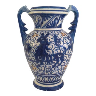 Vintage Spanish Majolica Blue & White Vase For Sale