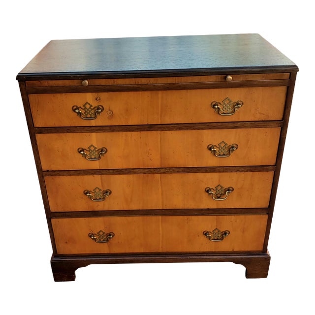 1940s Baker Furniture Satinwood and Walnut Chest With Pull Out Tray For Sale