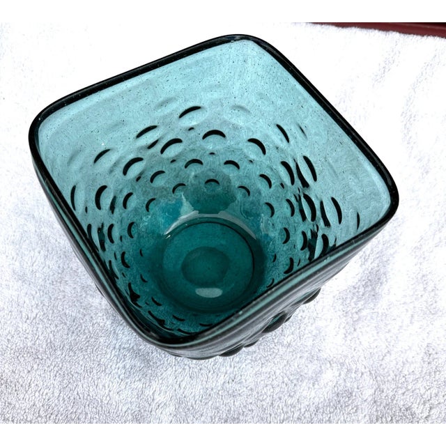 Modern Vintage Teal Blue Empoli Hand Blown Hobnail Square Bowl For Sale - Image 3 of 7
