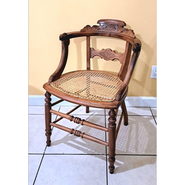 Antique 1800s Wood Chairs Pair Carved Back Recaned Seats Refinished For Sale - Image 11 of 13
