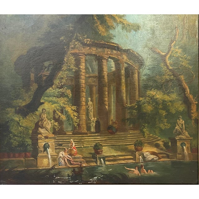Large Oil On Canvas Painting, "The Bathing Pool" After Hubert Robert, in giltwood frame. Robert was renowned for his...
