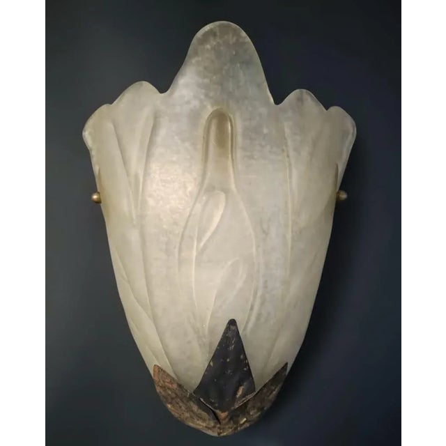 Vintage Italian Art Deco wall light with frosted white glass shield and metal leaves / Made in Italy in 20th century 1...