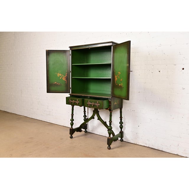 Antique Chinoiserie Jacobean Green Lacquered Hand Painted Bookcase or Bar Cabinet, Circa 1920s For Sale In South Bend - Image 6 of 14