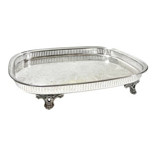 Antique Silverplate Footed Gallery Tray With Engraved Surface and Cast Feet, C. 1900 For Sale