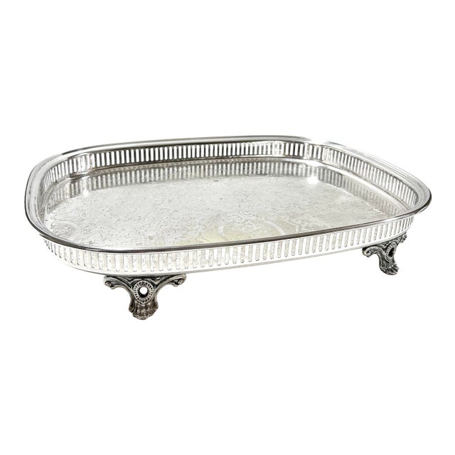Antique Silverplate Gallery Tray – Engraved Serving Tray With Cast Feet, c.1900 Bar Cart Entertaining For Sale