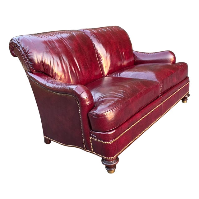 Vintage Hickory Chair English Style Oxblood Leather Loveseat With Brass Nailhead Trim For Sale
