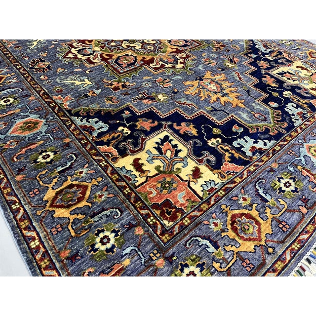 Blue Blue Afghan Sultani Natural Dye Wool Rug, Persian Heriz Medallion Design, 5′9″ × 8′ For Sale - Image 8 of 14