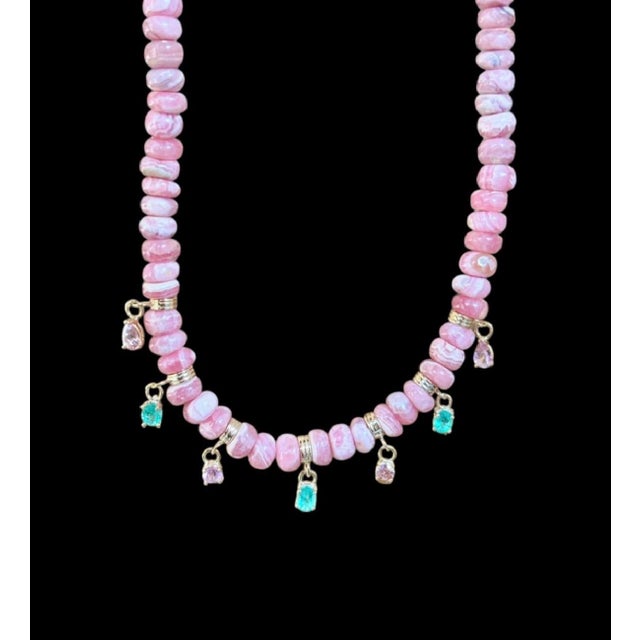 Modern Rhodochrosite Rondelle Fringe Necklace With Pink Spinel, Emeralds & 14k Gold For Sale - Image 3 of 12