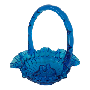 1970s Fenton Colonial Blue Thumbprint Ruffled Glass Basket – 8.75”