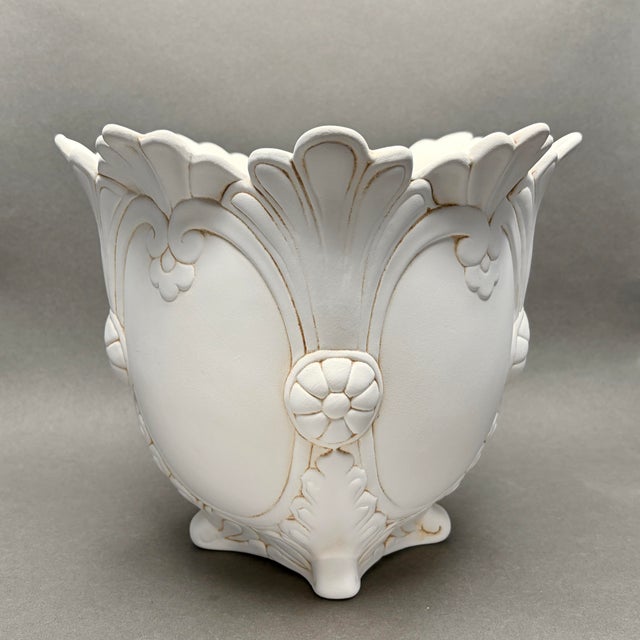 Vintage Neoclassical Rococo Revival White Bisque Ceramic Footed Jardiniere Planter For Sale - Image 4 of 11