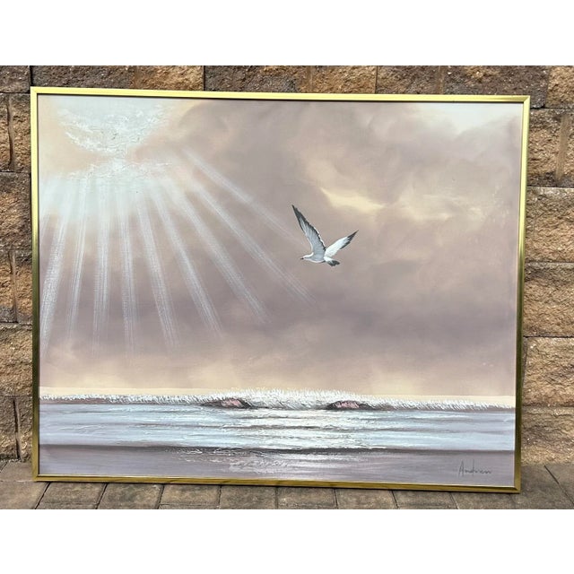 Vintage Mid Century 1960’s Seascape Large Oil Painting With Seagull For Sale In Philadelphia - Image 6 of 7