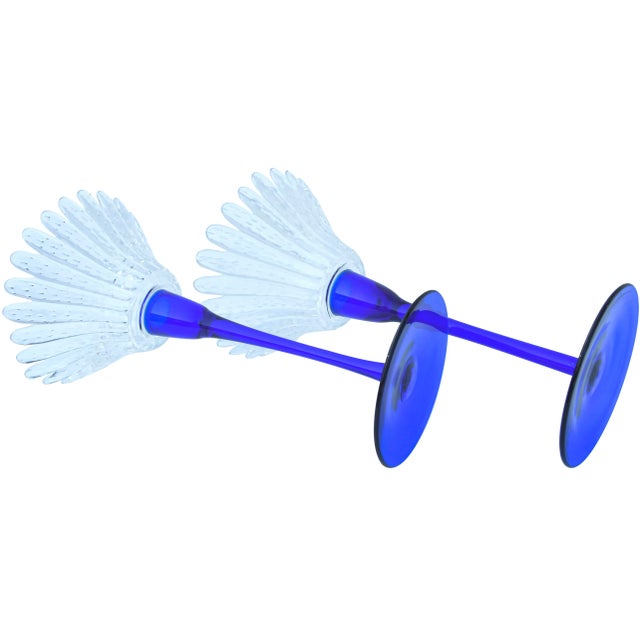 Glass Vintage Large Blue-Stemmed Crystal Candle Holders - Set of 2 For Sale - Image 7 of 8