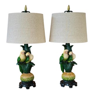 Pair of Sculptural Parrot Table Lamps With New Linen Shades For Sale