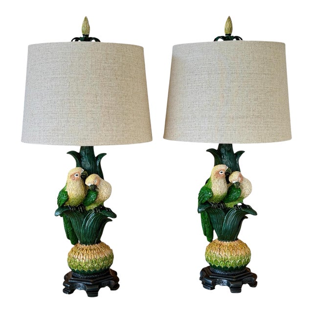 Sculptural Parrot Table Lamps With New Linen Shades - a Pair For Sale