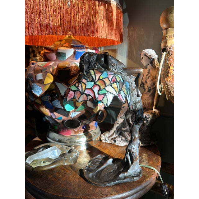 Glass Antique Art Nouveau E. Thomasson “Daphne” Bronze Figural Table Lamp – Art Nouveau Lady W/ Stained Glass Shade For Sale - Image 7 of 12