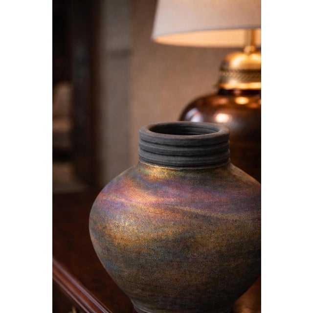 Violet Signed Studio Art Pottery Vessel With Iridescent Reduction Glaze (Monogram Jw) For Sale - Image 8 of 8