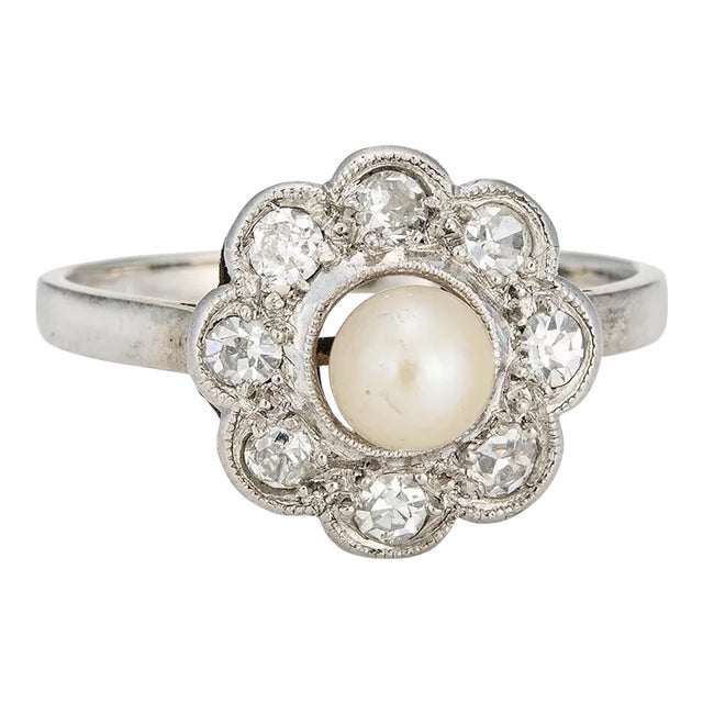 Antique Edwardian Pearl Diamond Cluster 18k White Gold Ring, Size 6 For Sale